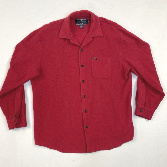 Vintage 90s Polo Sport Polo Ralph Lauren Mens Long Red Button Up Fleece Coat XL